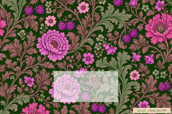 Download Victorian Floral Chrysanthemum DarkGreen - Green Collection