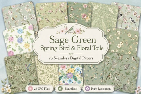 Download Sage Green Spring Bird &amp; Floral Toile - Premium Bundle