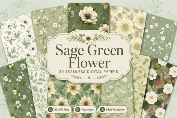 Download Seamless Sage Green Flower Digital Set - Premium Resources