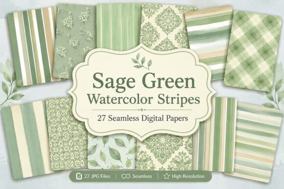 Download Sage Green Watercolor Stripes Digital - Premium Bundle